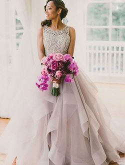 Ball Gown Sleeveless Gray Tulle Backless Wedding Dresses