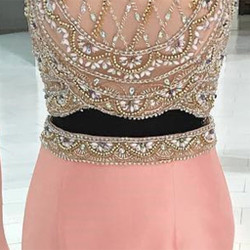 Pink Two Piece Satin Halter Backless With Beading Prom Dress Pink Two Piece Satin Halter Backless With Beading Prom Dress