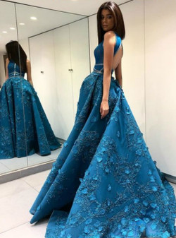 Fashion Ball Gown Blue Backless Appliques Prom Dress