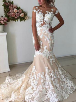 Cap Sleeve Mermaid Sheer Neck Lace Appliques Wedding Dress