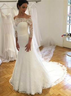 Lace Long Sleeve Mermaid White Formal Wedding Gowns