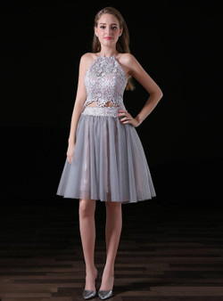 Gray 2 Piece Halter Tulle Knee Length Homecoming Dress