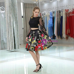 Black Long Sleeve Two-piece Backless Print Cocktail Dress
