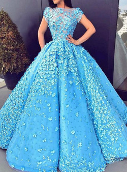 A-Line Bateau Short Sleeves Blue Satin Beaded Prom Dress with Appliques A-Line Bateau Short Sleeves Blue Satin Beaded Prom Dress with Appliques