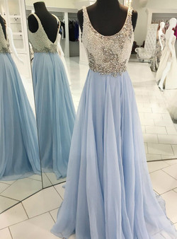 Light Sky Blue Straps Pearls Beaded Chiffon Prom Dress