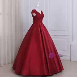 Burgundy Satin Lace Applique Scoop Neckline Long Prom Dress Burgundy Satin Lace Applique Scoop Neckline Long Prom Dress