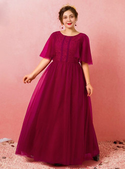 Plus Size Tulle Burgundy Floor Length Prom Dress