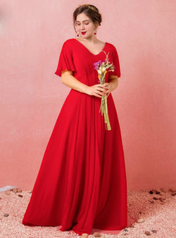 Plus Size Red Chiffon V-neck Backless Pleat Prom Dress