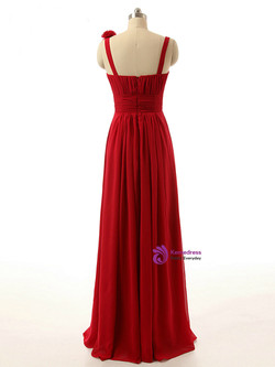 Red Chiffon Floor Length Pleats Bridesmaid Dress