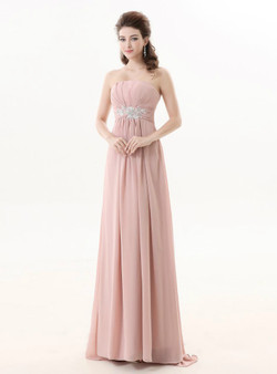 A Line Strapless Pink Chiffon Floor Length Bridesmaid Dresses