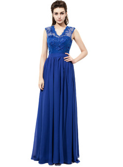 V Neck Royal Blue Chiffon With Lace Bridesmaid Dresses