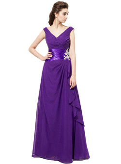 V Neck Purple Chiffon With Ruched Bodice Bridesmaid Dresses