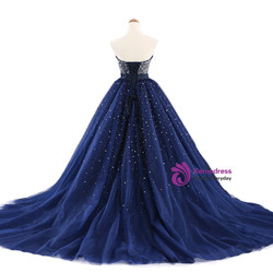 Navy Blue Ball Gown Tulle Sweetheart With Beaded Bodice Prom Dresses