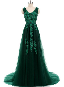 Hunter Green Lace Applique Tulle V Neck And Lace Up Prom Dress Hunter Green Lace Applique Tulle V Neck And Lace Up Prom Dress