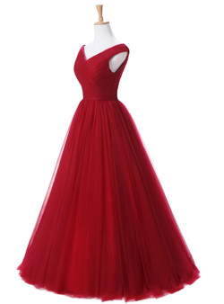 A Line Burgundy  Long V-neck Tulle Prom Dresses