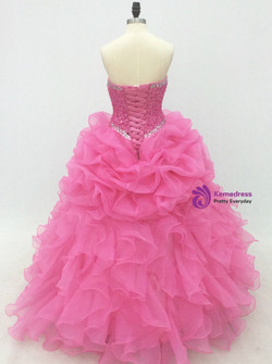 Pink Long Elegant Lace-Up Organza Prom Dress With Beaded Bodice