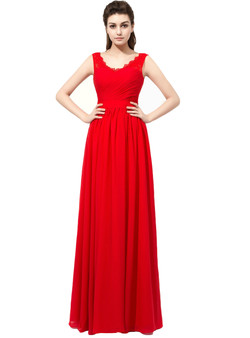 Red Chiffon V-neck Pleats Floor Length Bridesmaid Dress