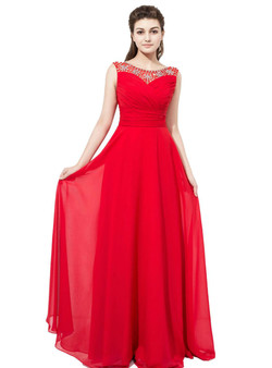 Red Chiffon Featuring Beaded Bodice With Sheer Bateau Neckline Bridesmaid Dress