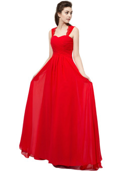 Red Chiffon Lace Straps Backless Bridesmaid Dress