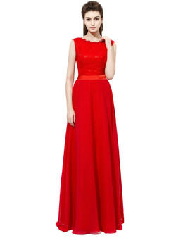 Red Chiffon Lace Floor Length Bridesmaid Dress