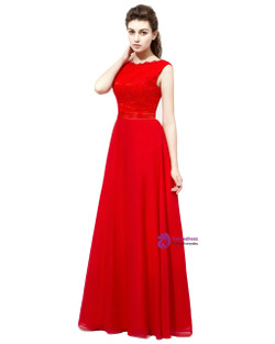 Red Chiffon Lace Floor Length Bridesmaid Dress