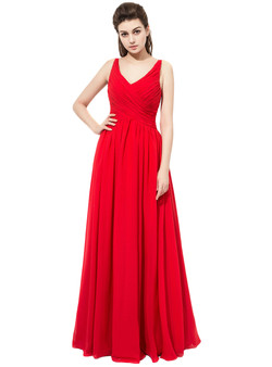 Red Floor Length Chiffon V Neck With Ruched Bodice Bridesmaid Dress