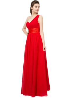 Red Ruched One Shoulder Chiffon Bridesmaid Dress