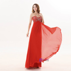 A Line Red Long Sweetheart Beaded Bridesmaid Dress