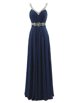 A-Line Spaghetti V-neck Chiffon Pleats Beading Bridesmaid Dress