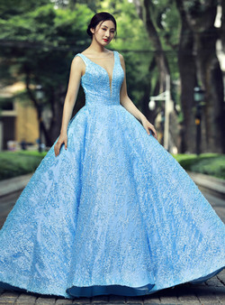 Sexy Blue Ball Gown V-neck Bling Bling Sequins Wedding Dress