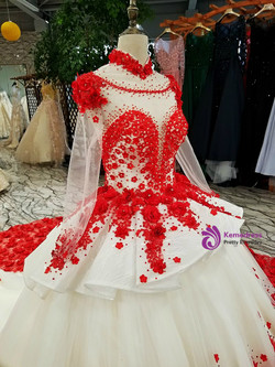 White Long Sleeve Tulle Appliques High Neck Long Train Wedding Dress