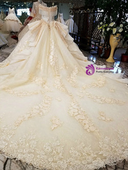 Ball Gown Champagne Off The Shoulder Long Train Wedding Dress