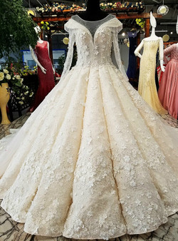Ball Gown Long Sleeve Long Train Tulle Appliques Haute Couture Wedding Dresses