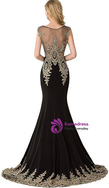 Sexy Mermaid Black Chiffon Cap Sleeve Appliques Prom Dress