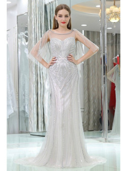 Gray Tulle Long Slim Beading Sequins Prom Dress