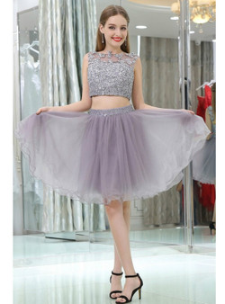 2 Piece Gray Tulle Short Suit Skirt With Lace Homecoming Dress