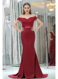 Mermaid Style Off Shoulder Burgundy Lace Satin Prom Dress Mermaid Style Off Shoulder Burgundy Lace Satin Prom Dress