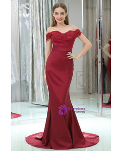 Mermaid Style Off Shoulder Burgundy Lace Satin Prom Dress Mermaid Style Off Shoulder Burgundy Lace Satin Prom Dress