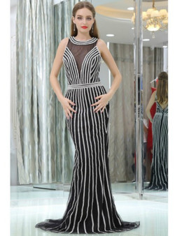 Open Back Trained Mermaid Black White Beading Prom Dress