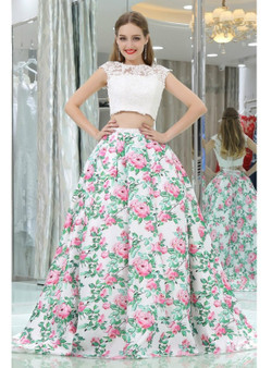 Floral Print White Lace Two Piece For Women Prom Dress