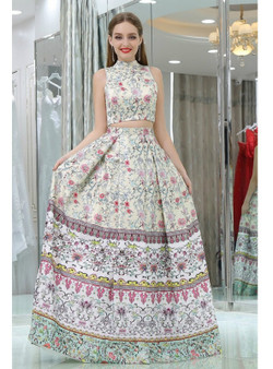 Two Piece High Neck Floral Printed Satin Prom Dress