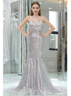 Sparkly Silver Sexy Sequined Mermaid Halter Backless Prom Dress Sparkly Silver Sexy Sequined Mermaid Halter Backless Prom Dress