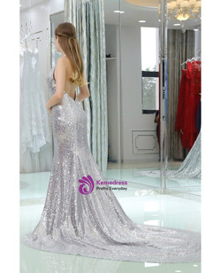 Sparkly Silver Sexy Sequined Mermaid Halter Backless Prom Dress Sparkly Silver Sexy Sequined Mermaid Halter Backless Prom Dress