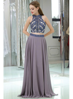 Long Chiffon Sexy Two  Piece Backless With Crystals Prom Dress