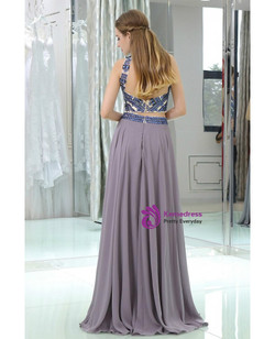 Long Chiffon Sexy Two  Piece Backless With Crystals Prom Dress