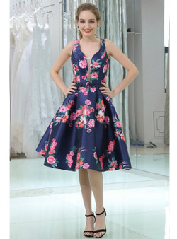 Straps Short Blue Floral Print Beaded Backless Homecoming Dress