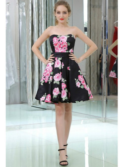 Strapless Little Black Homecoming Dress With Pink Printed Floral