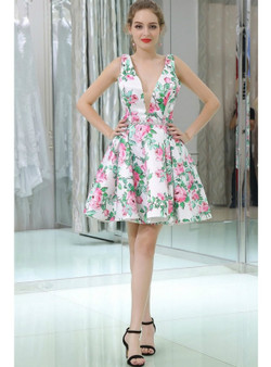 Floral Print Short Satin V Neck Homecoming Dress With Beading
