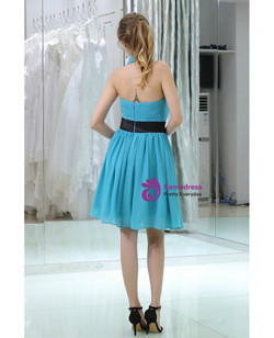 Pleated Chiffon Knee Length Halter Homecoming Dress With Black Sash