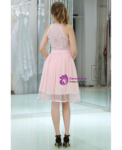 Knee Length V-neck Chiffon Pink With Lace Back Homecoming Dress